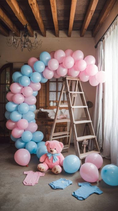 implantation d'une demi arche en ballons personnalisée pour une baby shower