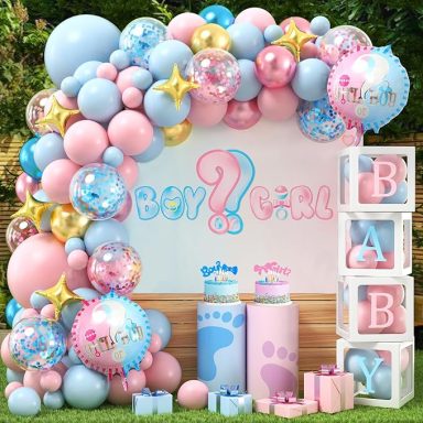 arche de ballons  boy or girl (garçon ou fille) en mélange bleu, rose et or avec décor baby shower